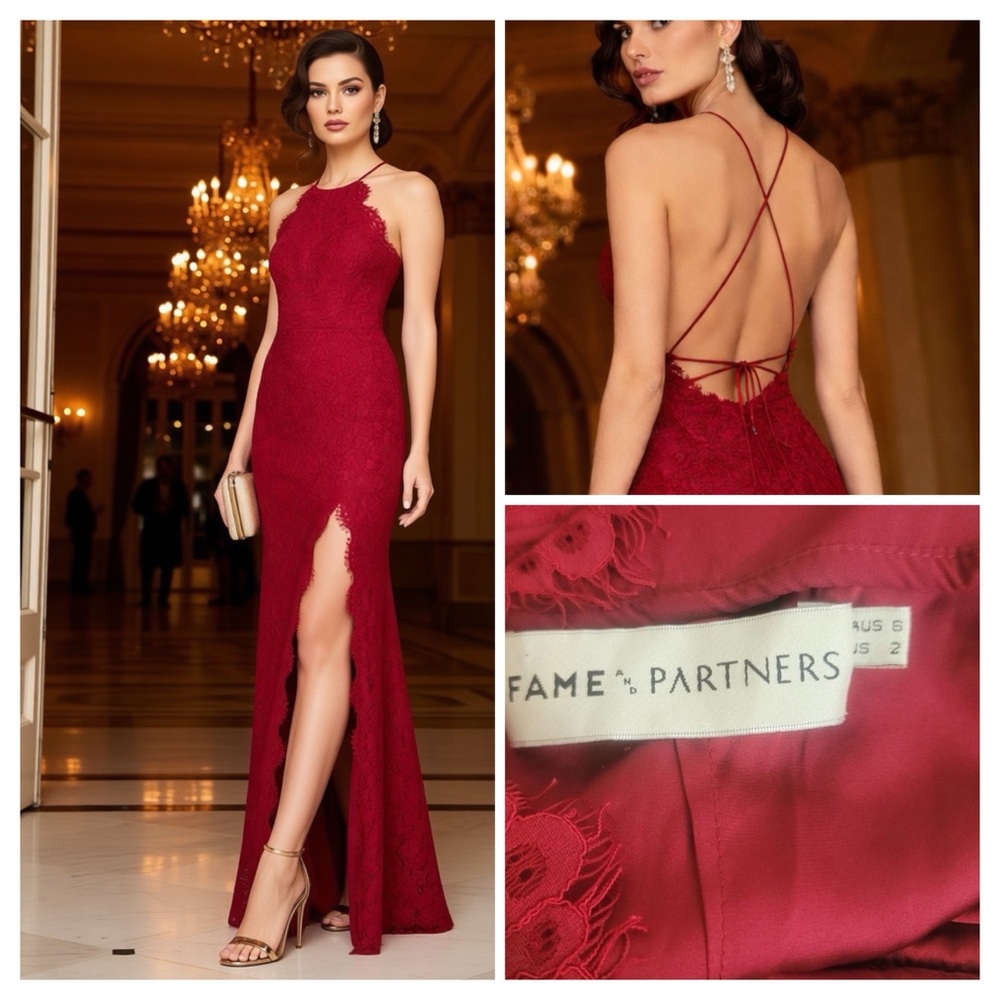FREE PEOPLE x FAME & PARTNERS Lace Red Halter Maxi Gown Open Back Front Slit 2